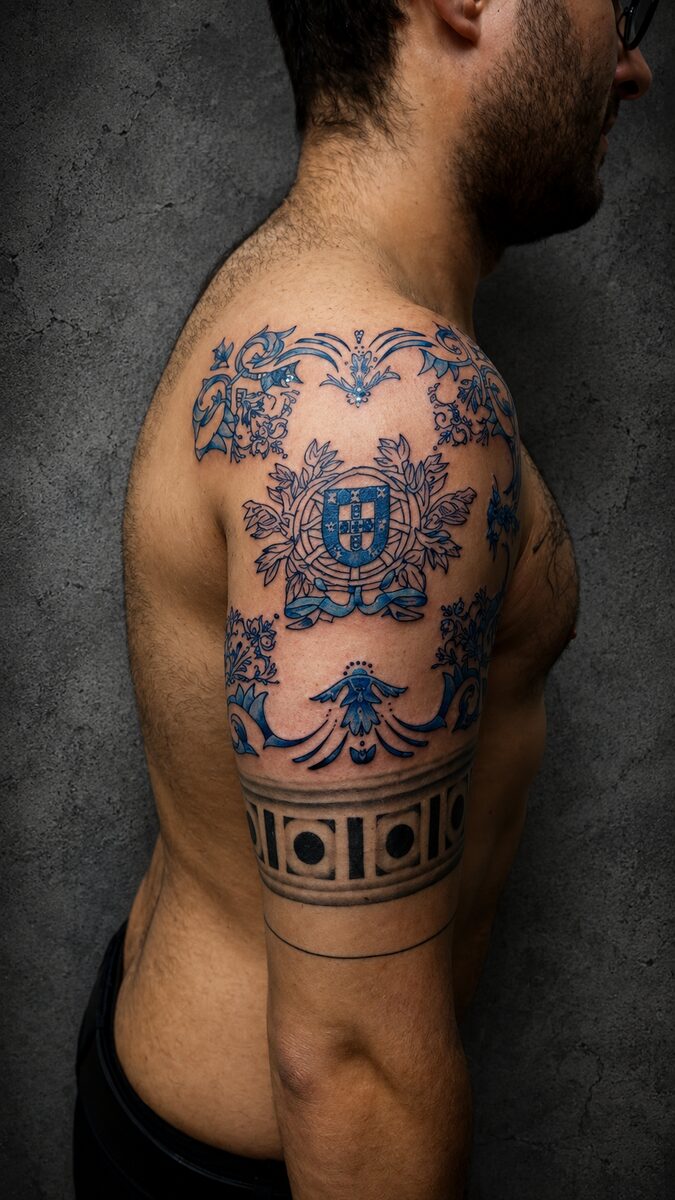 Tatuagem de azulejo português colorido, ombro e braço